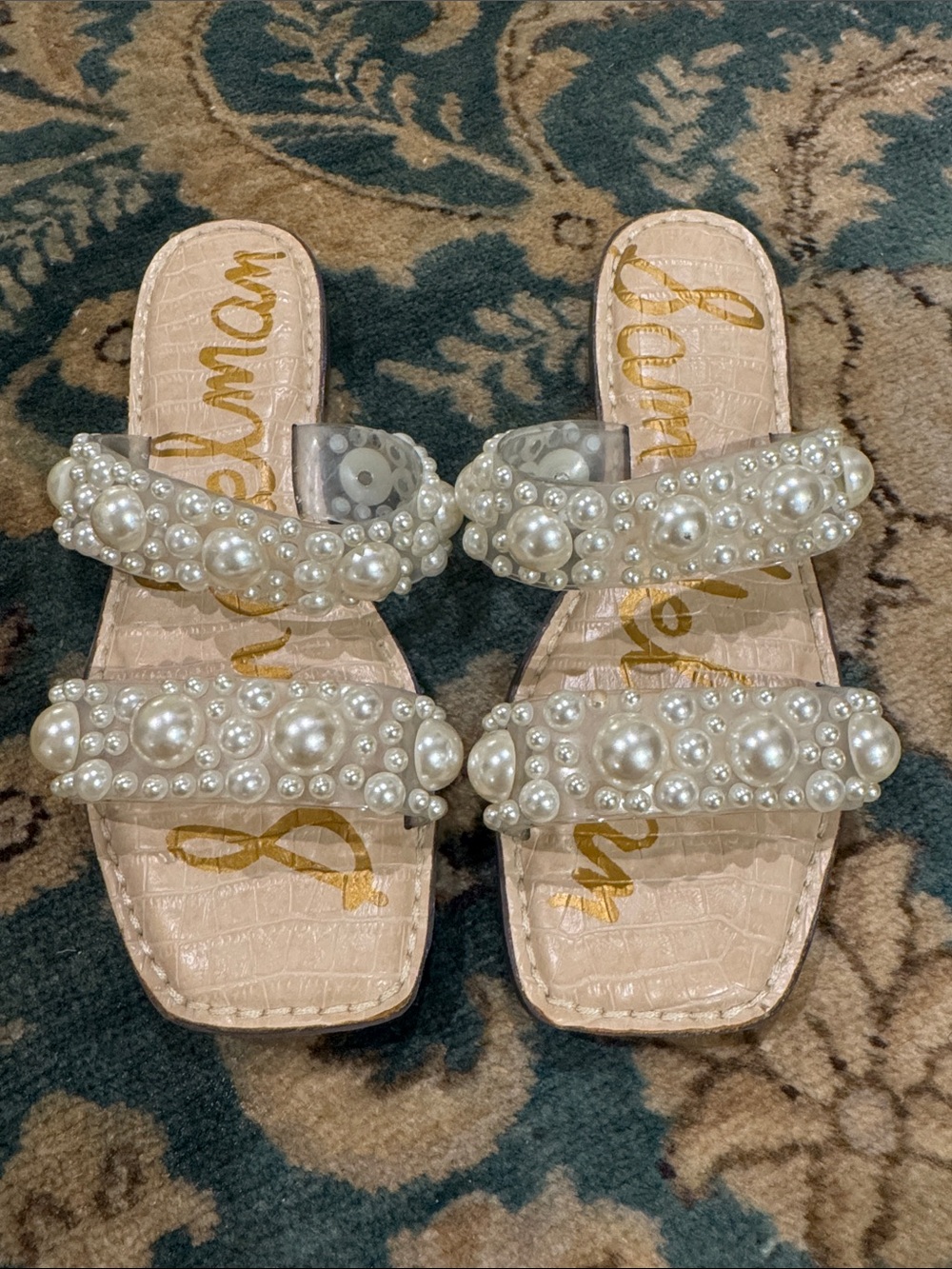 Sam Edelman Pearl-Embellished Double Strap Slide Sandals in Cream